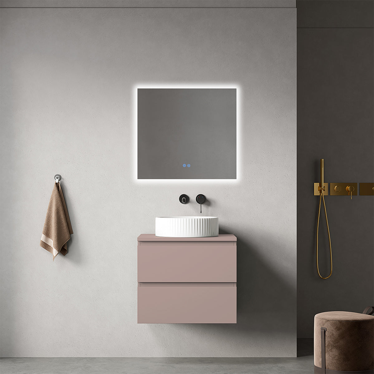 Mobile bagno sospeso 60 cm Rosa Retrò per Lavabo d'appoggio Specchio Quadro Retroilluminato - Fiji Paint Top