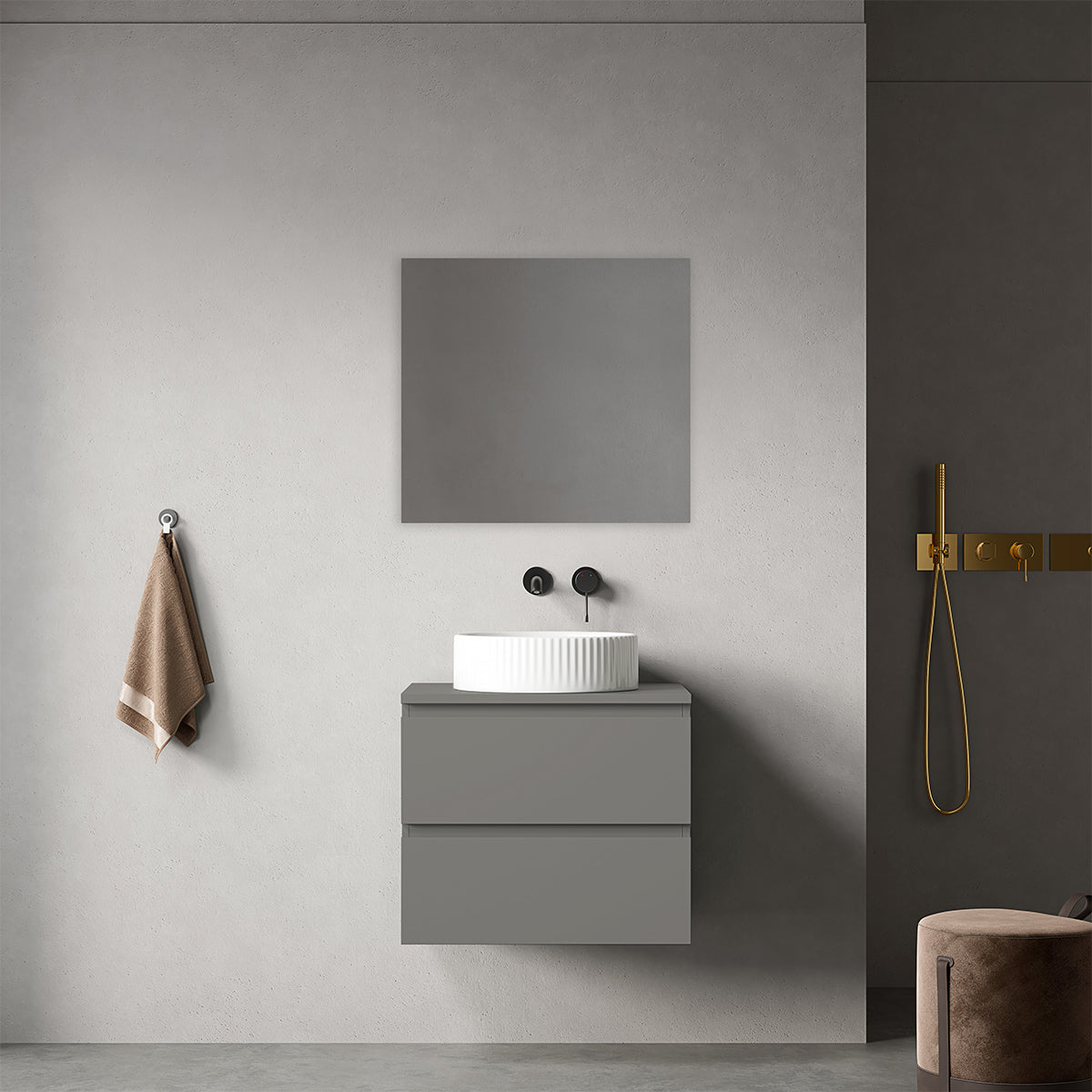 Mobile bagno sospeso 60 cm Grigio Londra per Lavabo d'appoggio Specchio Quadro - Fiji Paint Top