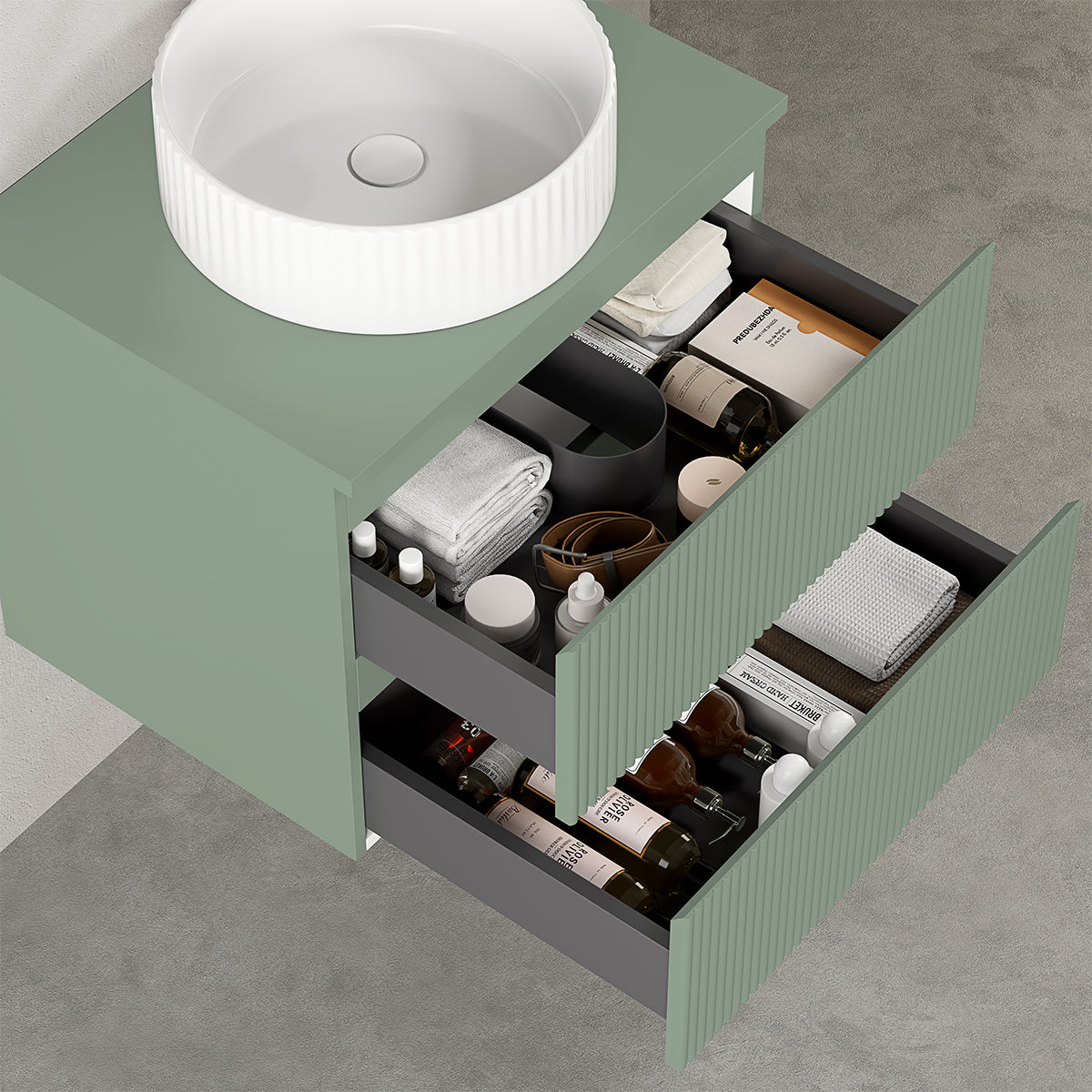 Mobile bagno sospeso cannettato 60 cm Verde Salvia per Lavabo d'appoggio Specchio Tondo Retroilluminato - Fiji Paint Top Canneté