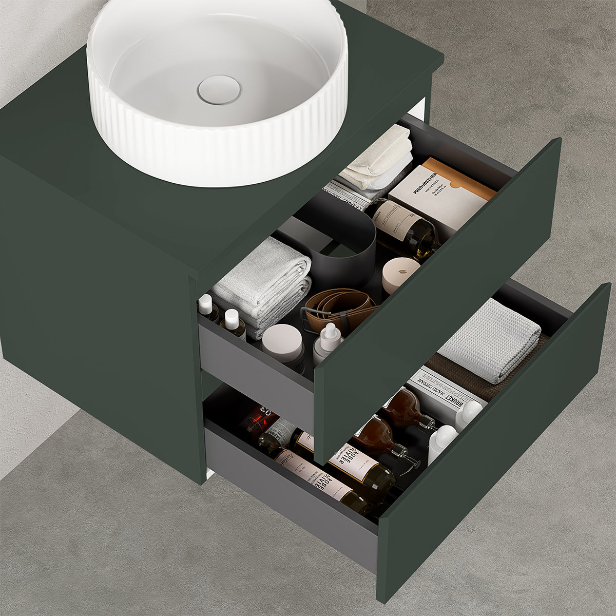 Mobile bagno sospeso 60 cm Verde Comodoro per Lavabo d'appoggio Specchio Tondo - Fiji Paint Top