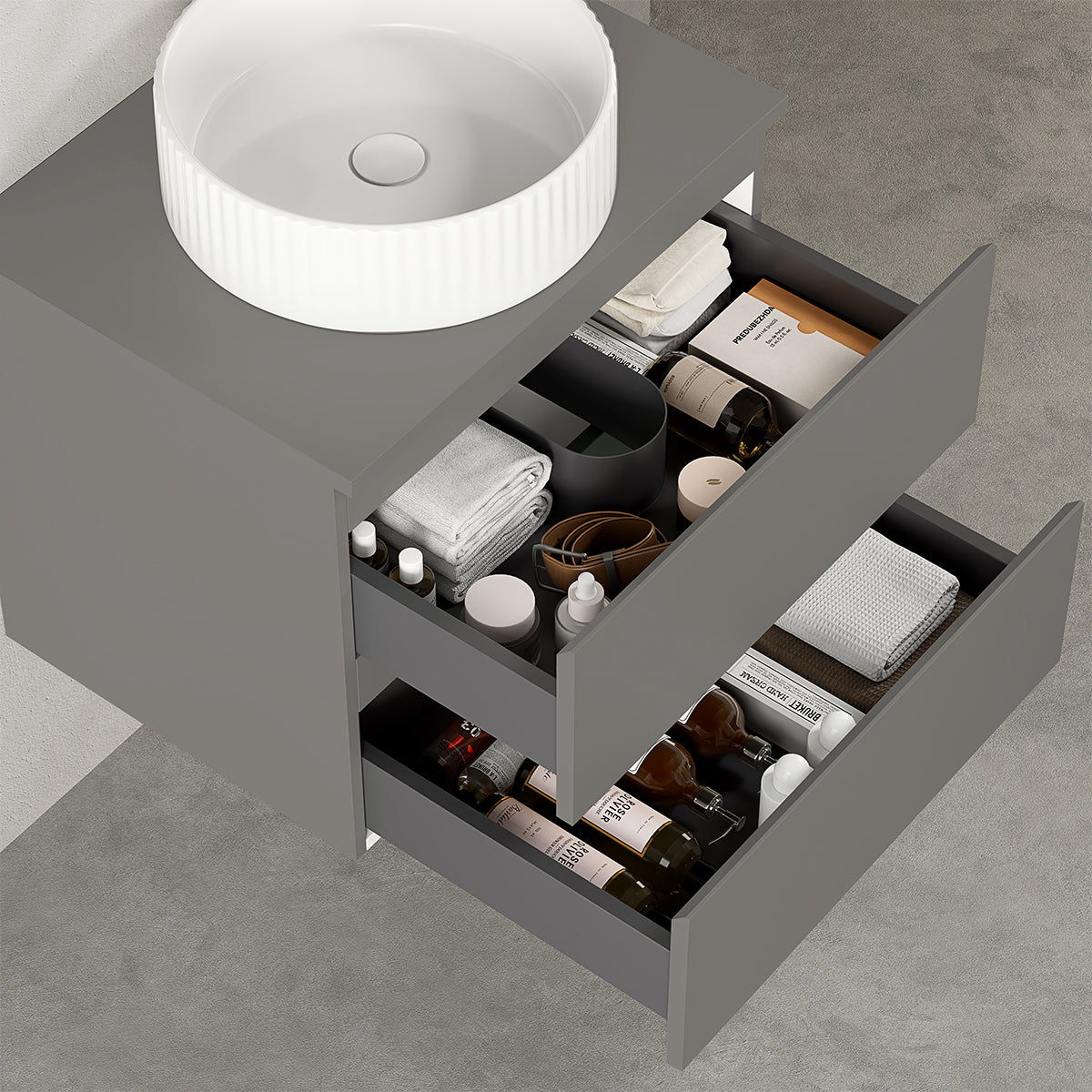 Mobile bagno sospeso 60 cm Grigio Londra per Lavabo d'appoggio Specchio Tondo - Fiji Paint Top