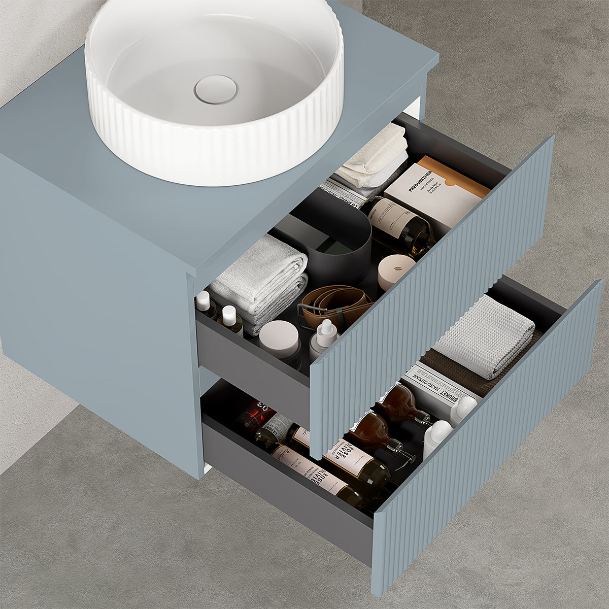 Mobile bagno sospeso cannettato 60 cm Blu Avio per Lavabo d'appoggio Specchio Quadro - Fiji Paint Top Canneté