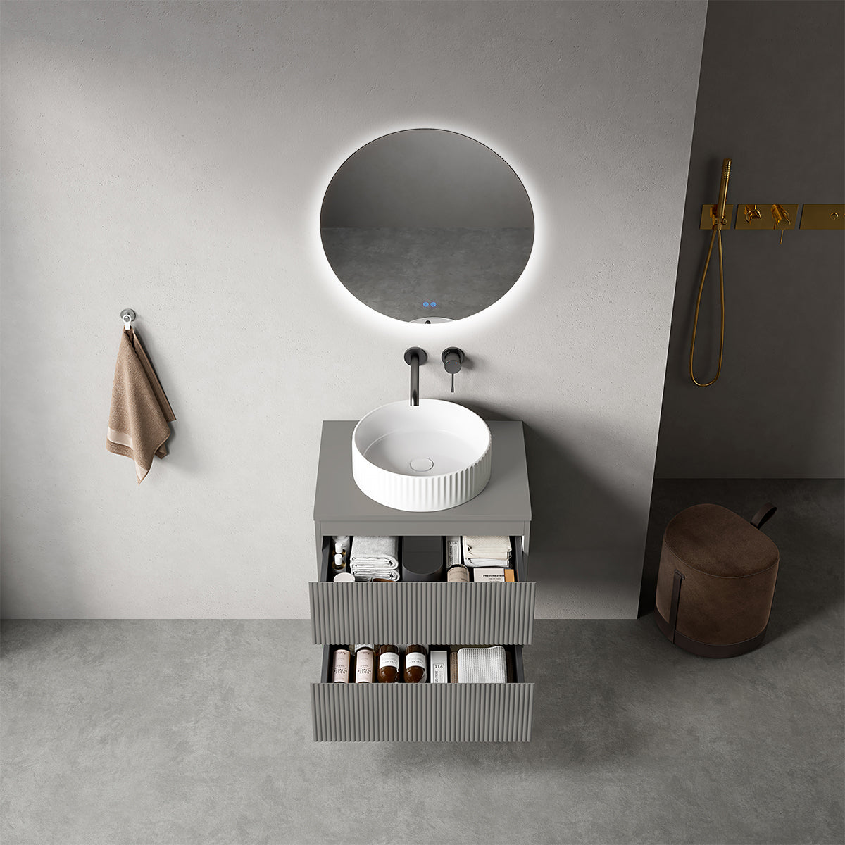 Mobile bagno sospeso cannettato 60 cm Grigio Londra per Lavabo d'appoggio Specchio Tondo Retroilluminato - Fiji Paint Top Canneté