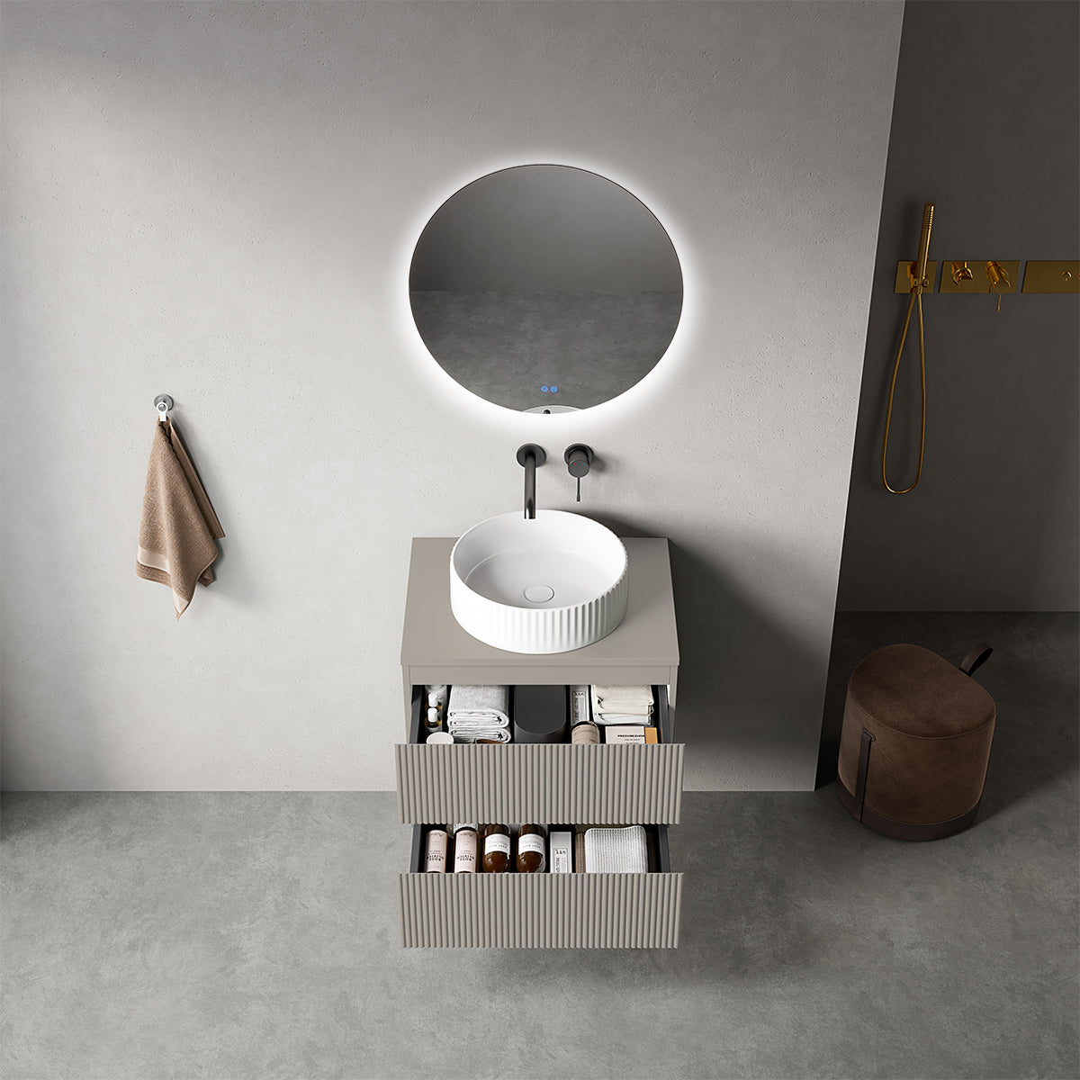 Mobile bagno sospeso cannettato 60 cm Grigio Cenere per Lavabo d'appoggio Specchio Tondo Retroilluminato - Fiji Paint Top Canneté