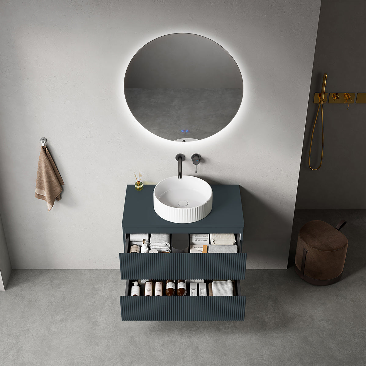 Mobile bagno sospeso cannettato 80 cm Blu Mare per Lavabo d'appoggio Specchio Tondo Retroilluminato - Fiji Paint Top Canneté