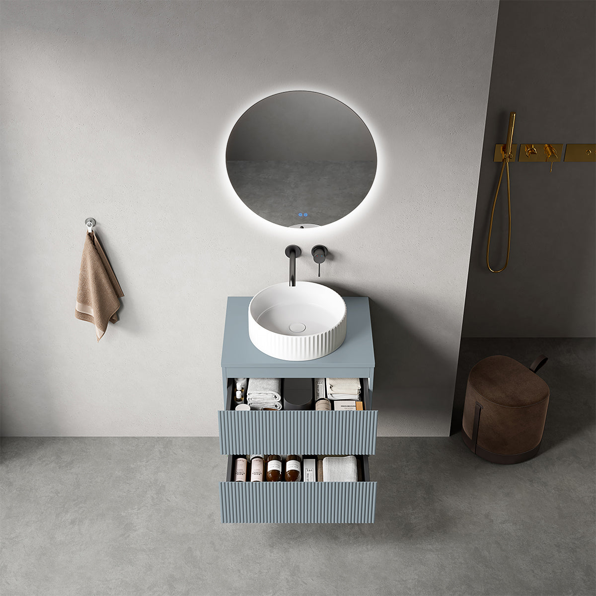 Mobile bagno sospeso cannettato 60 cm Blu Avio per Lavabo d'appoggio Specchio Tondo Retroilluminato - Fiji Paint Top Canneté