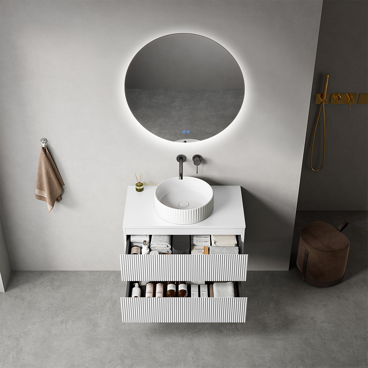 Mobile bagno sospeso cannettato 80 cm Bianco Opaco per Lavabo d'appoggio Specchio Tondo Retroilluminato - Fiji Paint Top Canneté