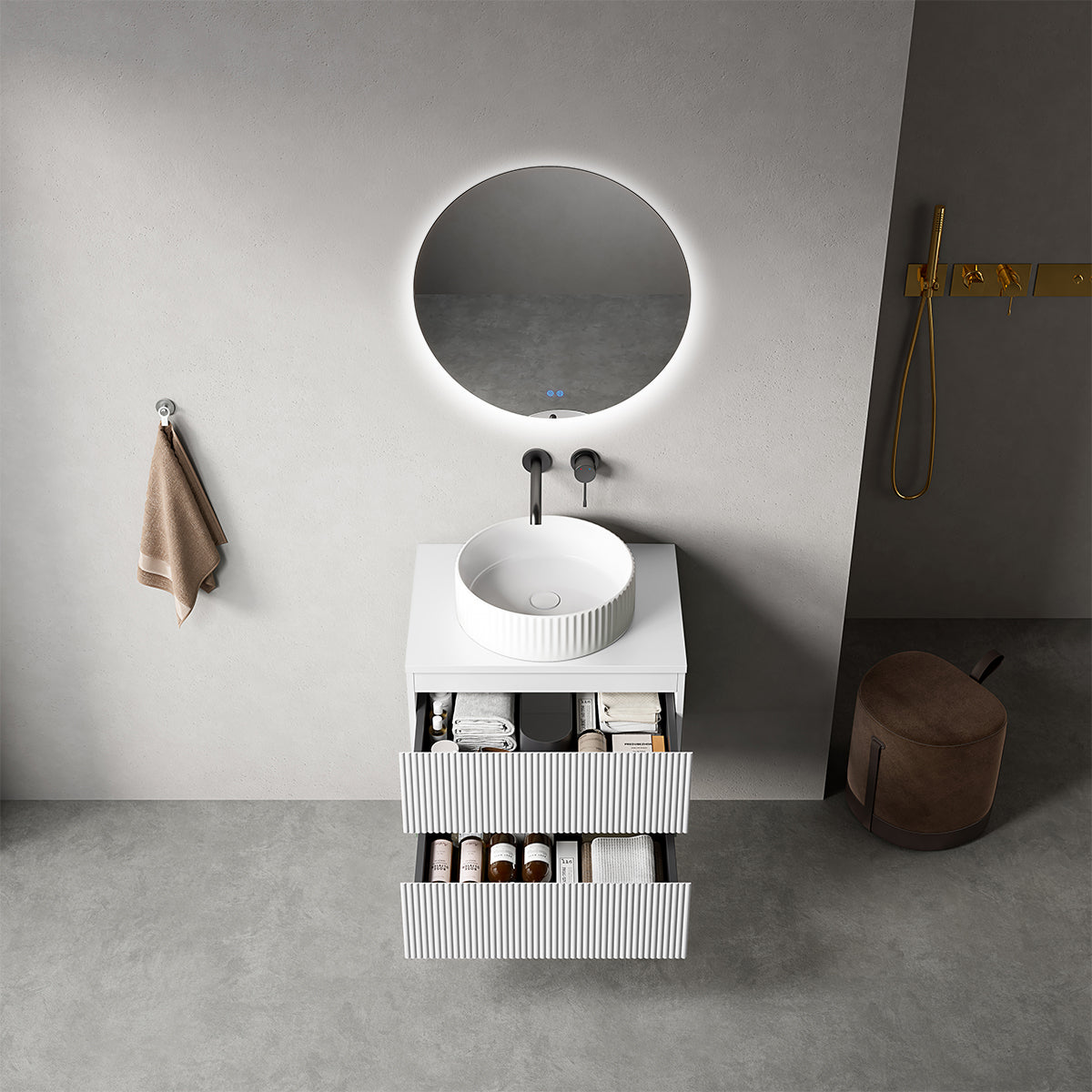 Mobile bagno sospeso cannettato 60 cm Bianco Opaco per Lavabo d'appoggio Specchio Tondo Retroilluminato - Fiji Paint Top Canneté