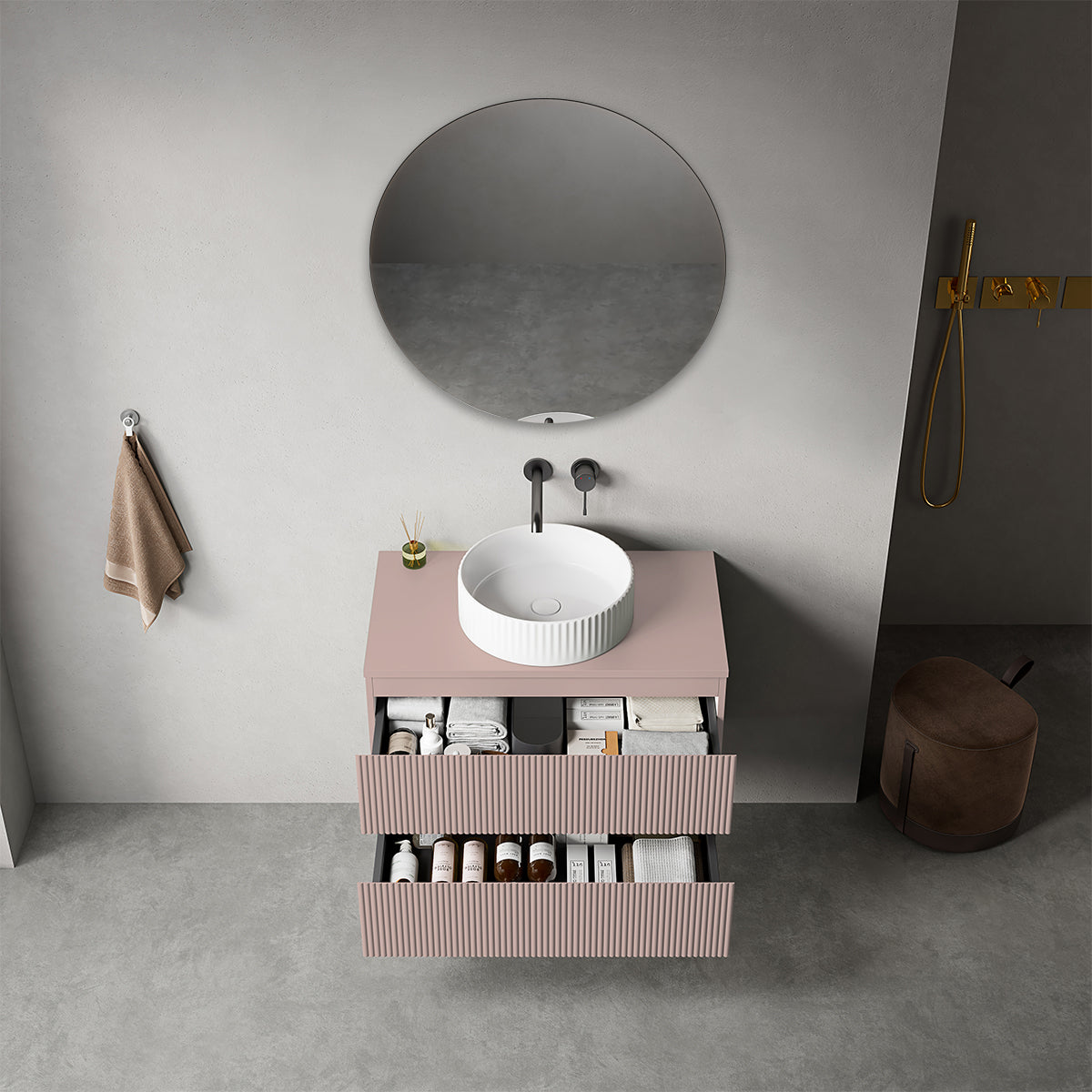 Mobile bagno sospeso cannettato 80 cm Rosa Retrò per Lavabo d'appoggio Specchio Tondo - Fiji Paint Top Canneté
