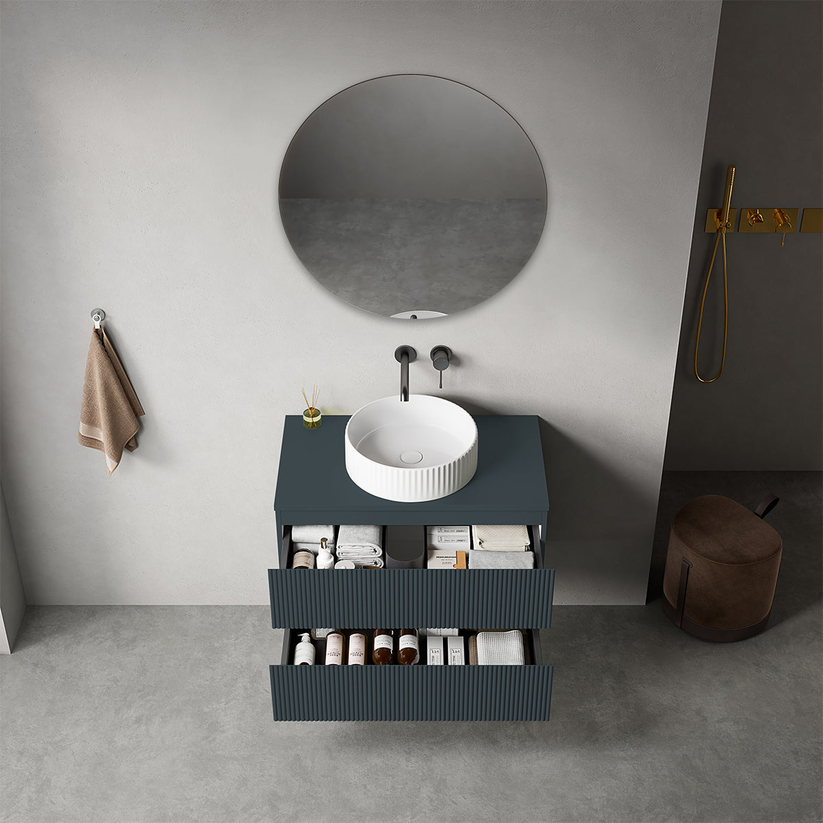 Mobile bagno sospeso cannettato 80 cm Blu Mare per Lavabo d'appoggio Specchio Tondo - Fiji Paint Top Canneté