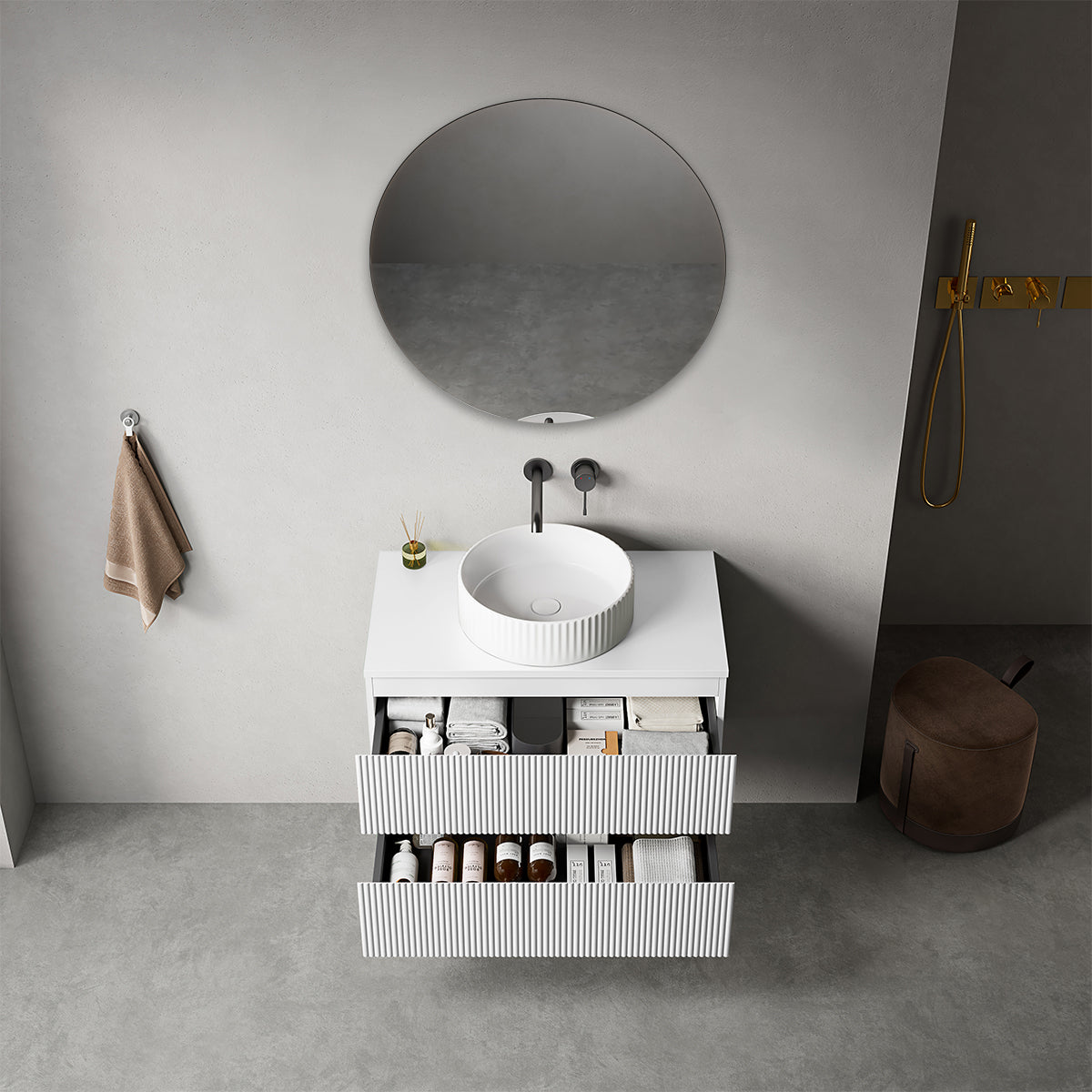 Mobile bagno sospeso cannettato 80 cm Bianco Opaco per Lavabo d'appoggio Specchio Tondo - Fiji Paint Top Canneté