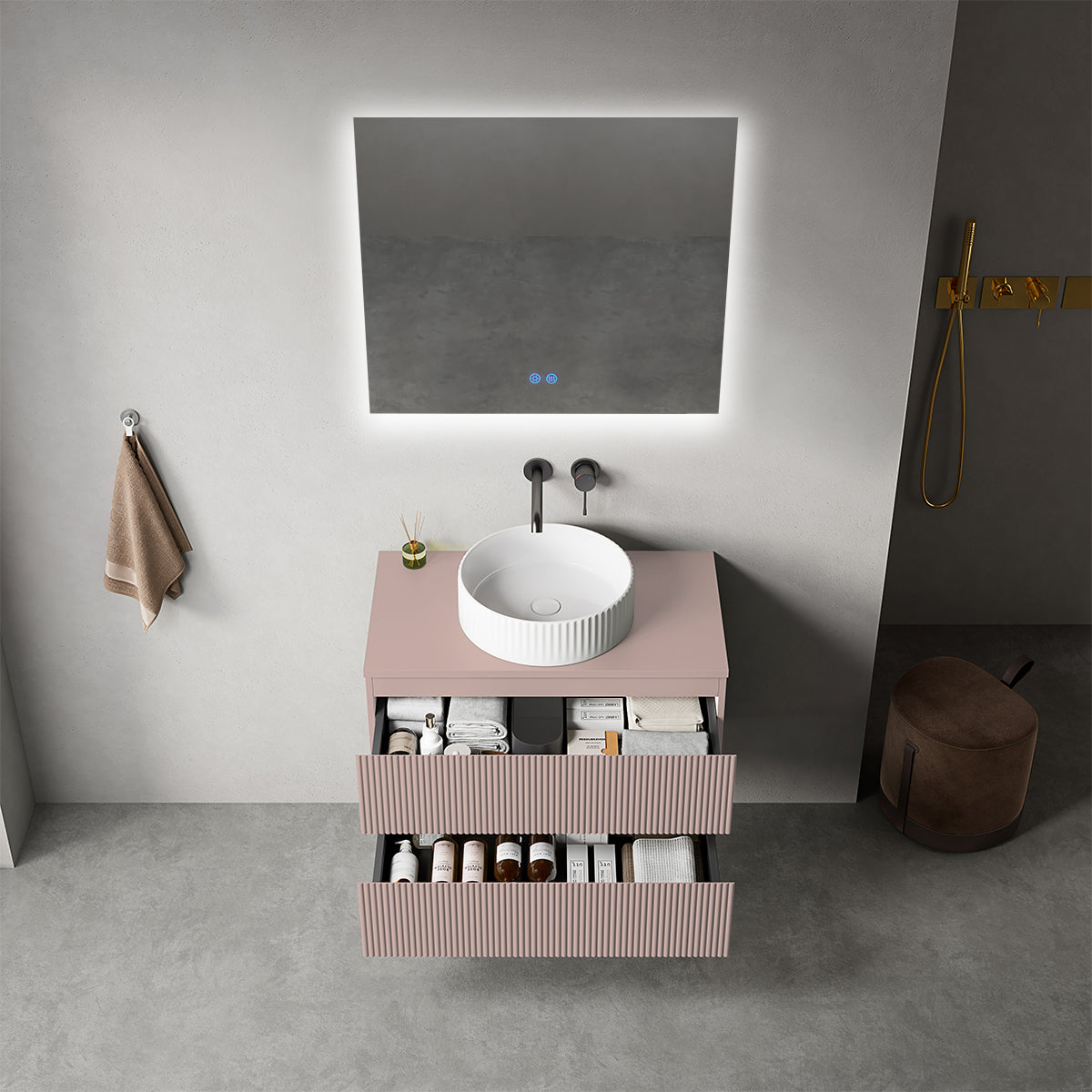 Mobile bagno sospeso cannettato 80 cm Rosa Retrò per Lavabo d'appoggio Specchio Quadro Retroilluminato - Fiji Paint Top Canneté