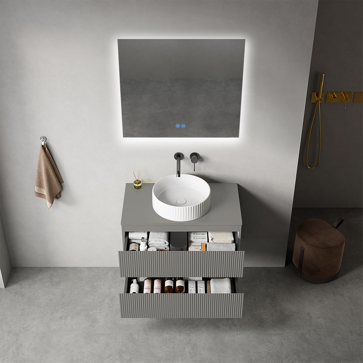 Mobile bagno sospeso cannettato 80 cm Grigio Londra per Lavabo d'appoggio Specchio Quadro Retroilluminato - Fiji Paint Top Canneté