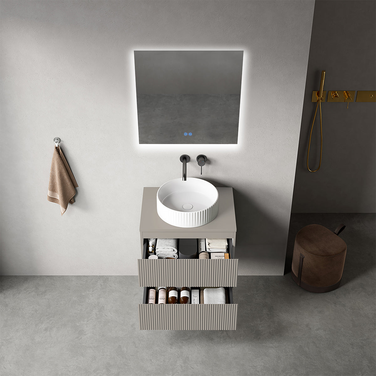 Mobile bagno sospeso cannettato 60 cm Grigio Cenere per Lavabo d'appoggio Specchio Quadro Retroilluminato - Fiji Paint Top Canneté