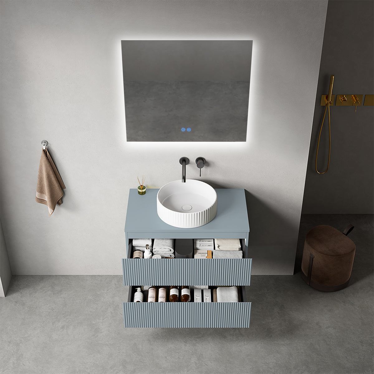 Mobile bagno sospeso cannettato 80 cm Blu Avio per Lavabo d'appoggio Specchio Quadro Retroilluminato - Fiji Paint Top Canneté