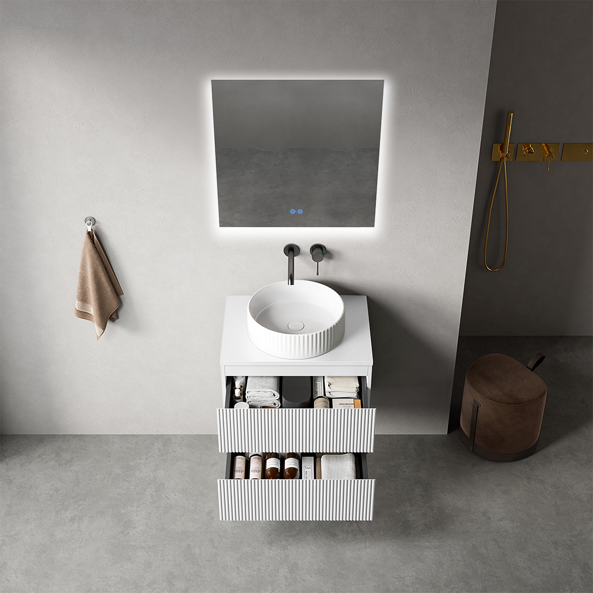 Mobile bagno sospeso cannettato 60 cm Bianco Opaco per Lavabo d'appoggio Specchio Quadro Retroilluminato - Fiji Paint Top Canneté