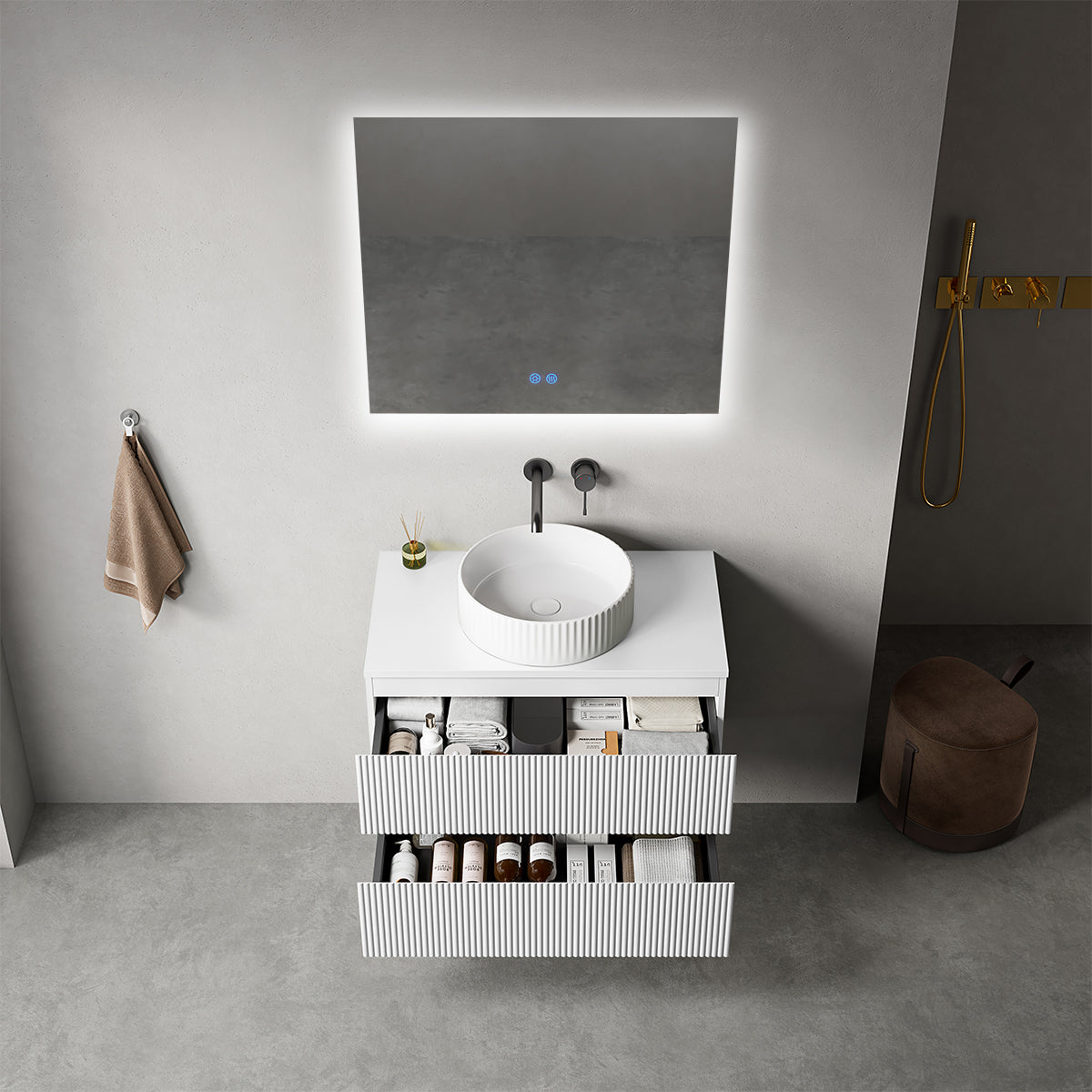 Mobile bagno sospeso cannettato 80 cm Bianco Opaco per Lavabo d'appoggio Specchio Quadro Retroilluminato - Fiji Paint Top Canneté
