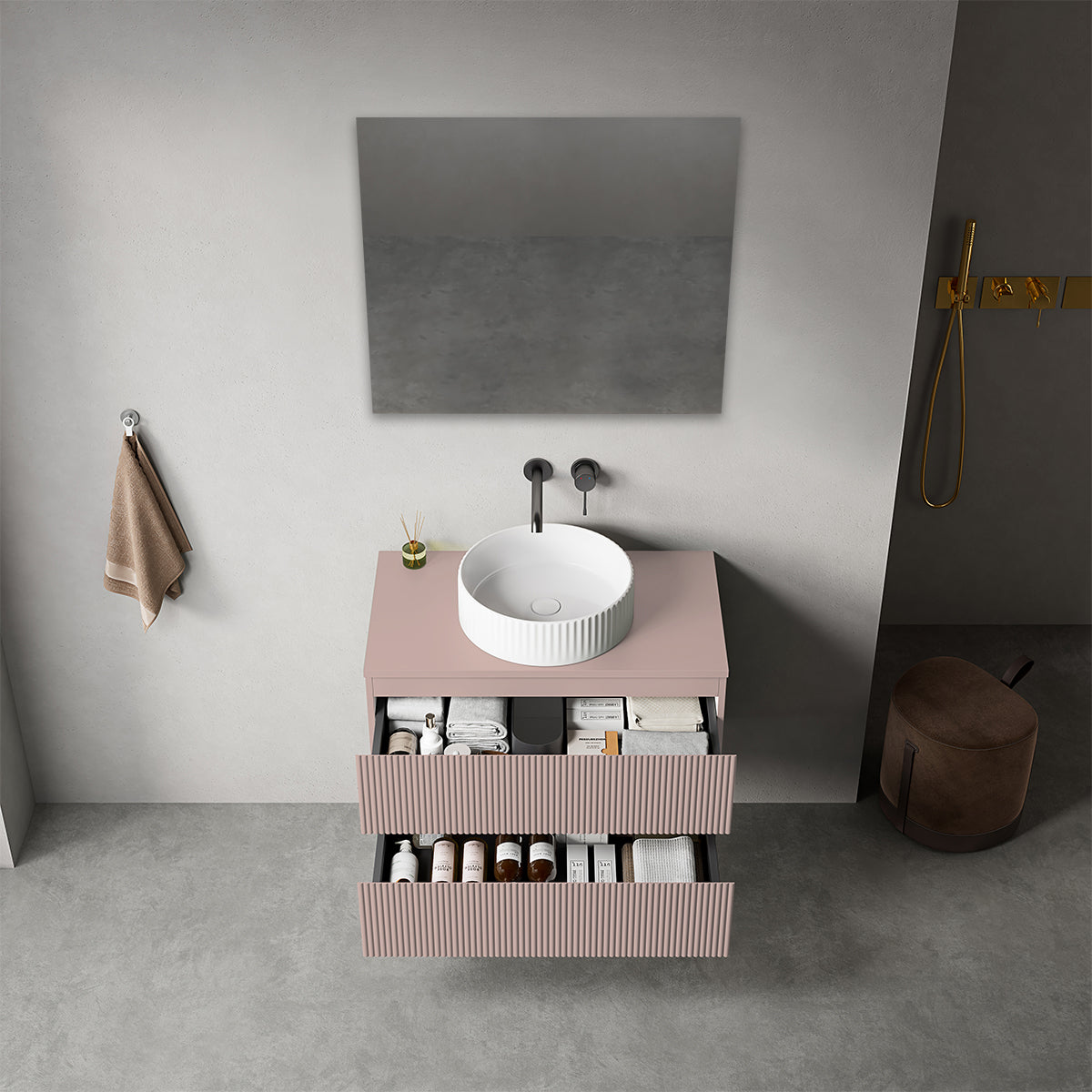 Mobile bagno sospeso cannettato 80 cm Rosa Retrò per Lavabo d'appoggio Specchio Quadro - Fiji Paint Top Canneté
