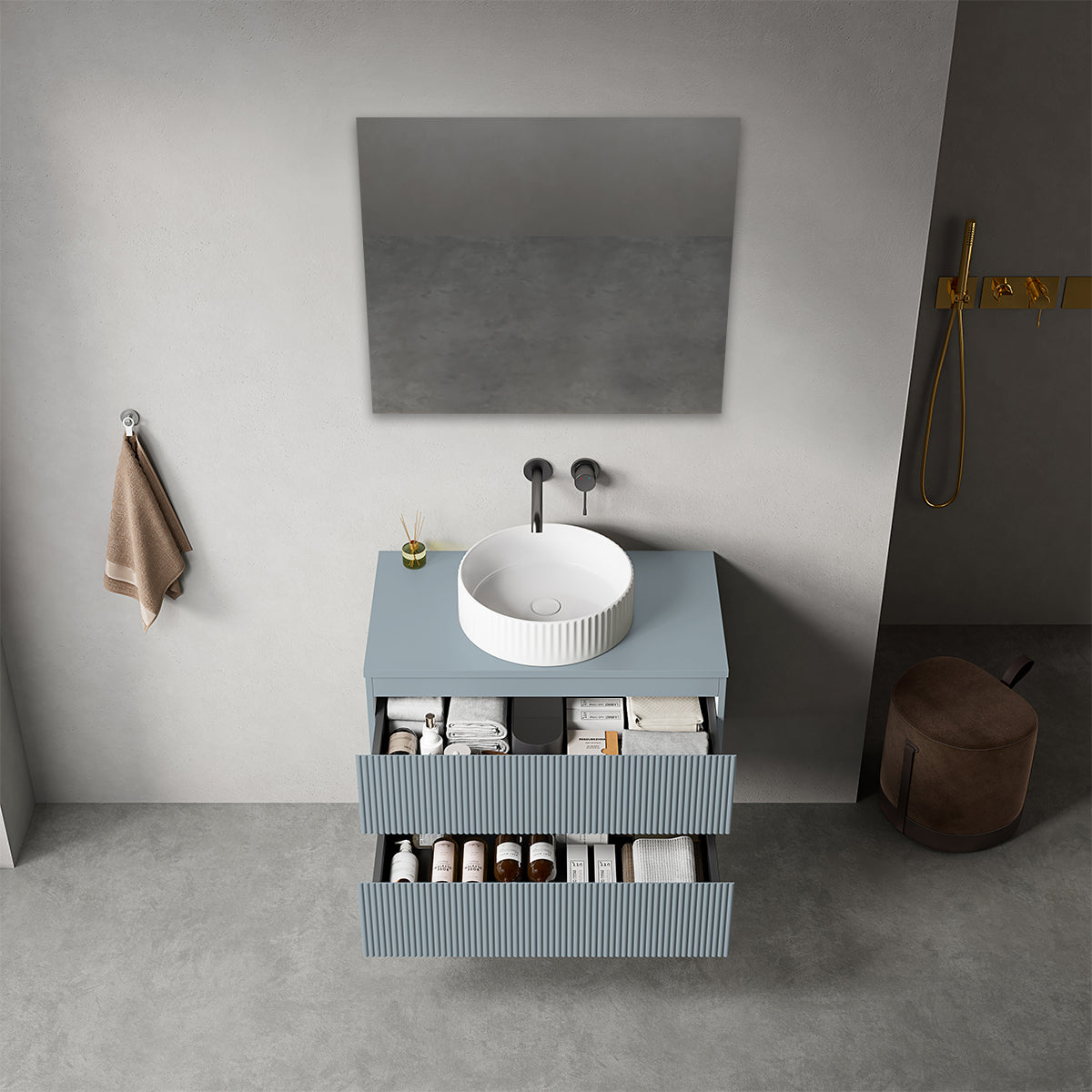 Mobile bagno sospeso cannettato 80 cm Blu Avio per Lavabo d'appoggio Specchio Quadro - Fiji Paint Top Canneté