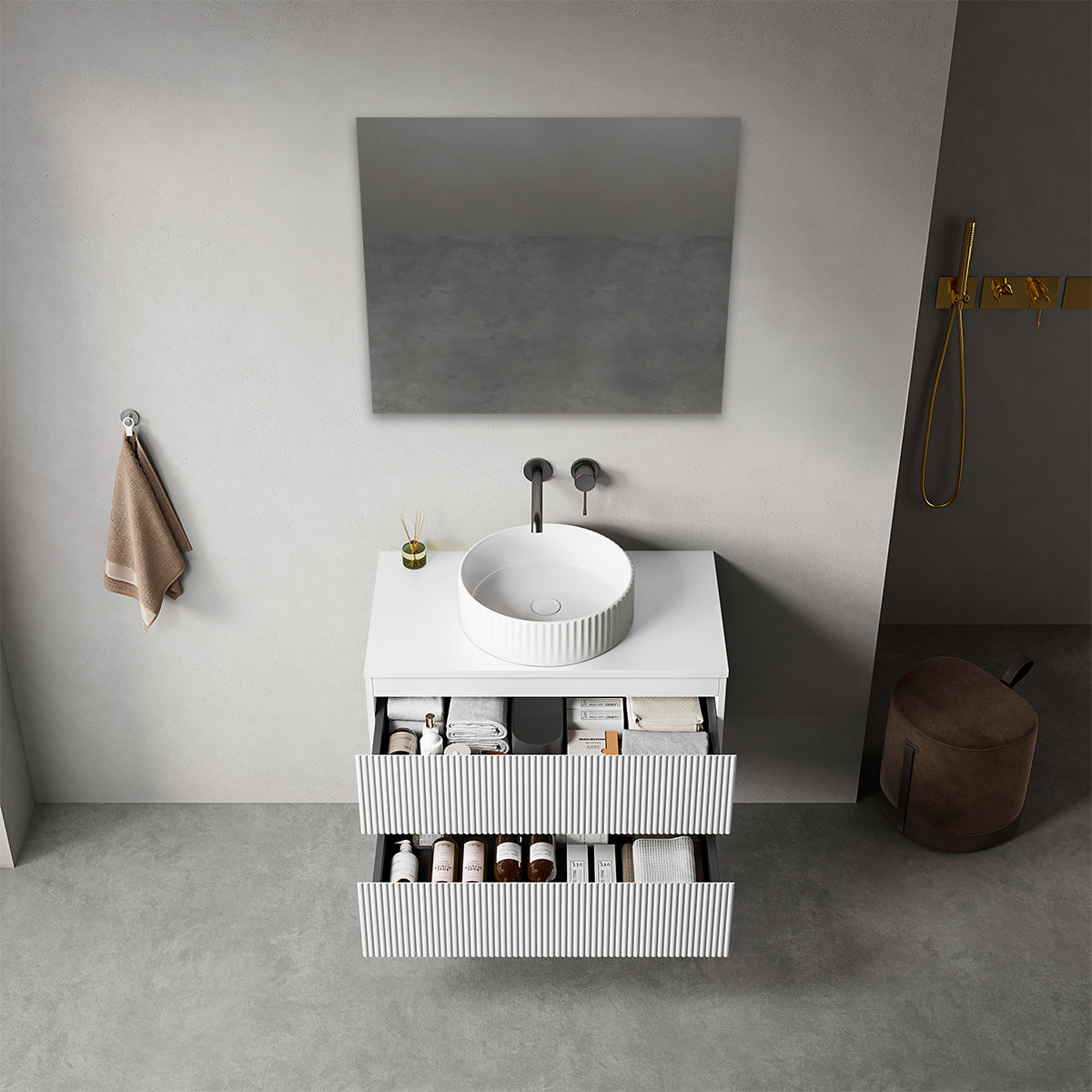 Mobile bagno sospeso cannettato 80 cm Bianco Opaco per Lavabo d'appoggio Specchio Quadro - Fiji Paint Top Canneté