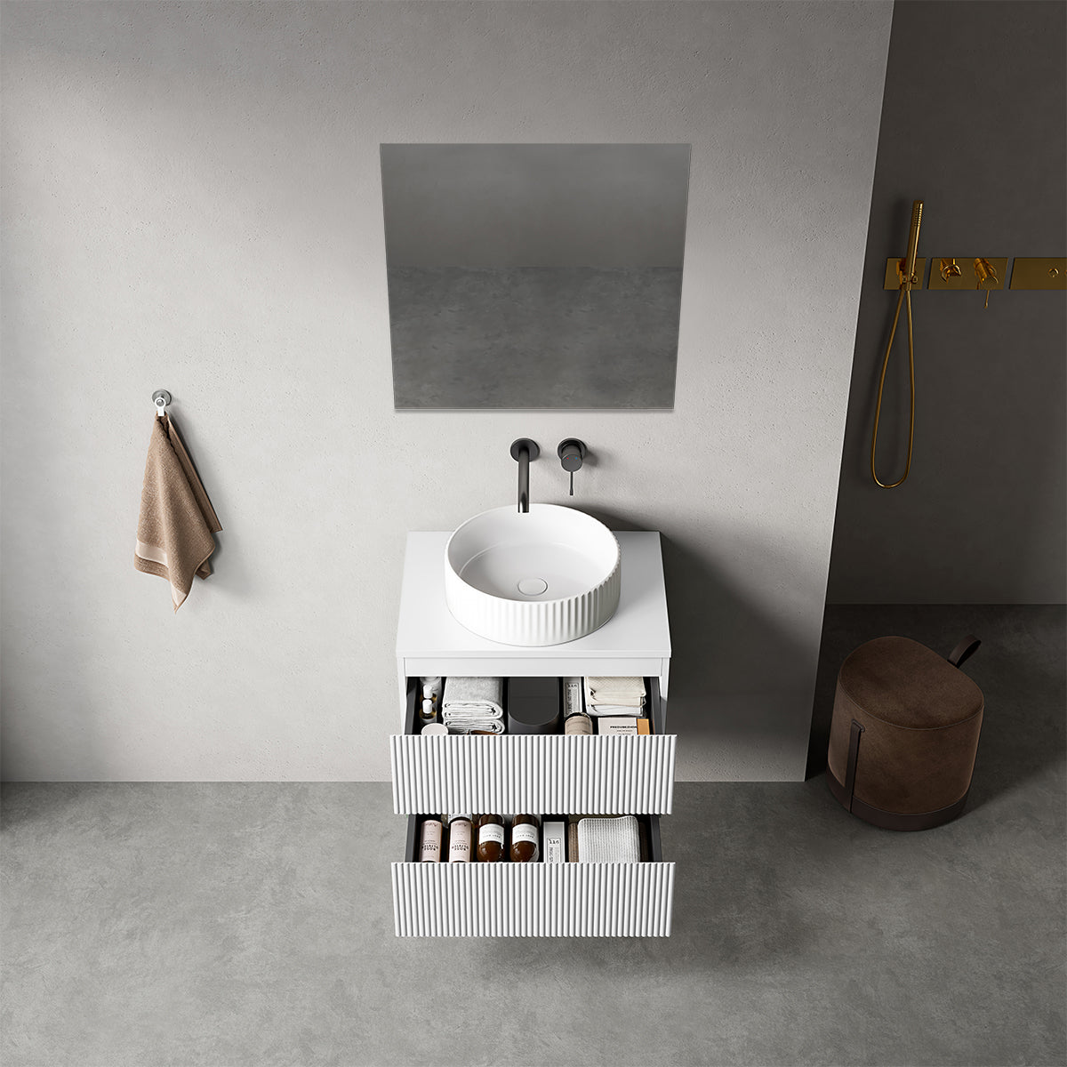 Mobile bagno sospeso cannettato 60 cm Bianco Opaco per Lavabo d'appoggio Specchio Quadro - Fiji Paint Top Canneté