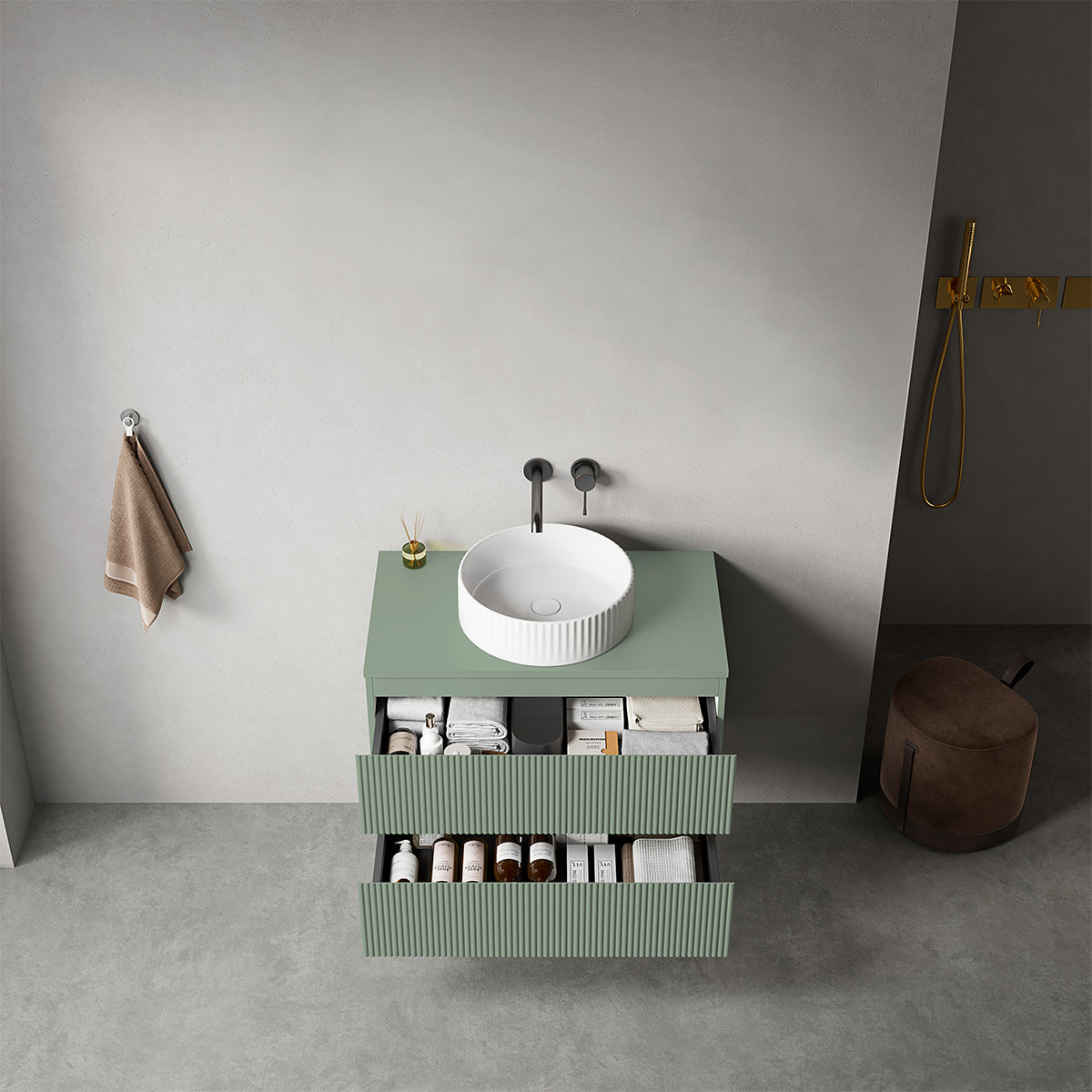 Mobile bagno sospeso cannettato 80 cm Verde Salvia per Lavabo d'appoggio Senza Specchio - Fiji Paint Top Canneté