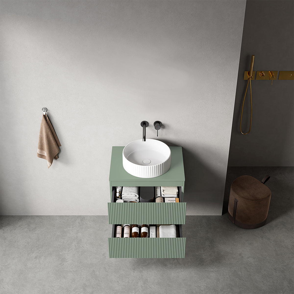 Mobile bagno sospeso cannettato 60 cm Verde Salvia per Lavabo d'appoggio Senza Specchio - Fiji Paint Top Canneté