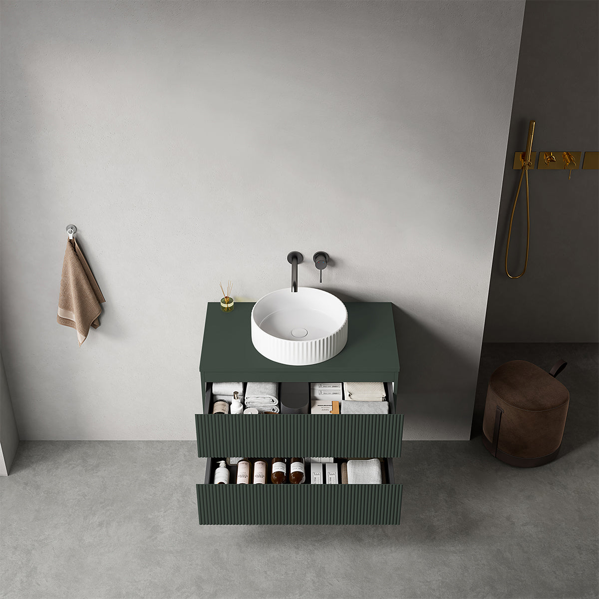 Mobile bagno sospeso cannettato 80 cm Verde Comodoro per Lavabo d'appoggio Specchio Tondo Retroilluminato - Fiji Paint Top Canneté