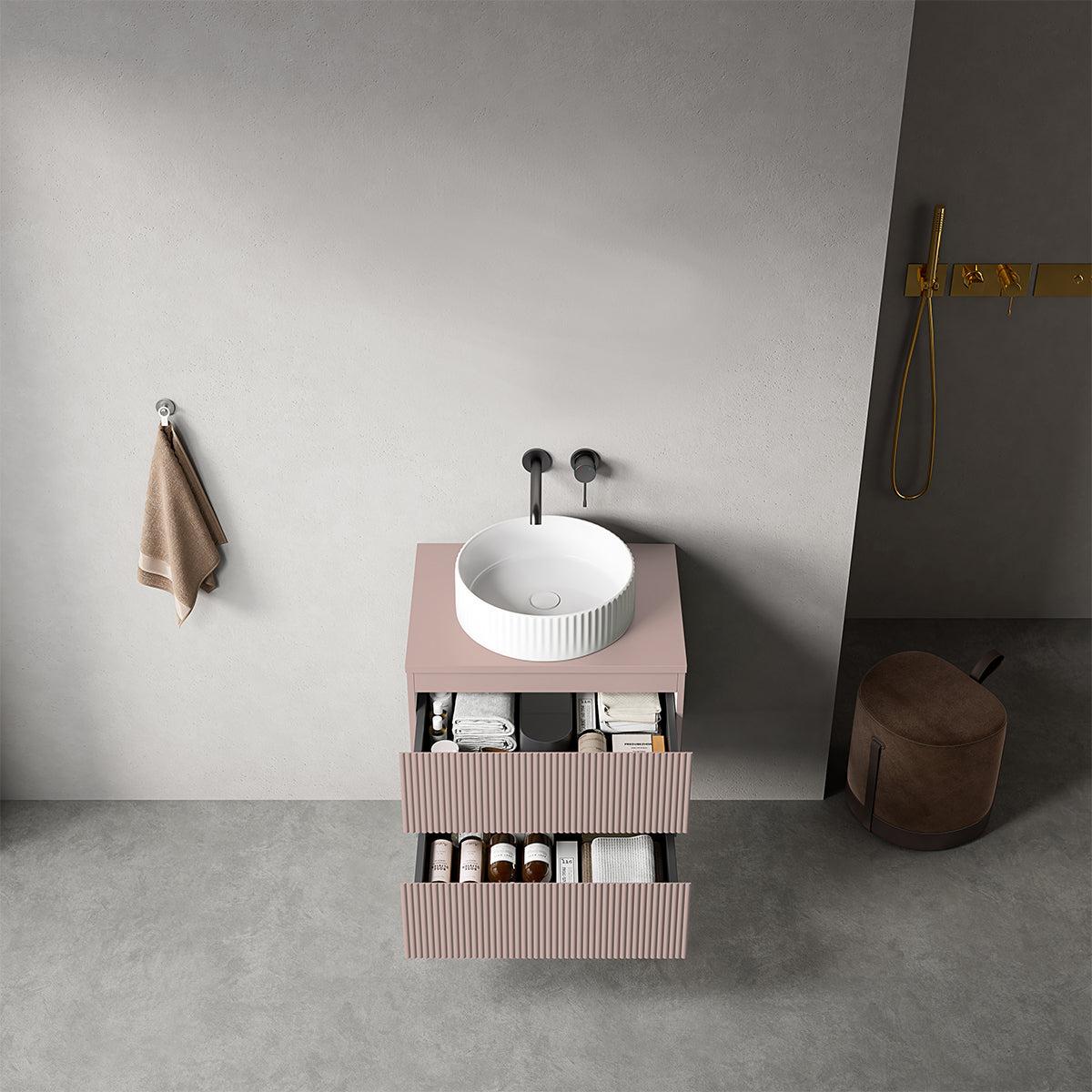 Mobile bagno sospeso cannettato 60 cm Rosa Retrò per Lavabo d'appoggio Senza Specchio - Fiji Paint Top Canneté