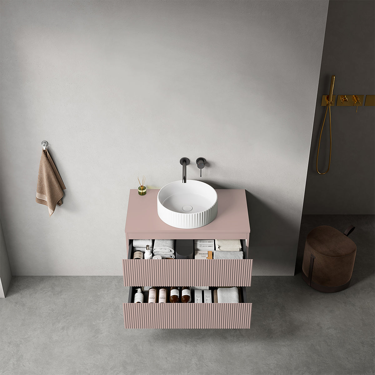 Mobile bagno sospeso cannettato 80 cm Rosa Retrò per Lavabo d'appoggio Senza Specchio - Fiji Paint Top Canneté