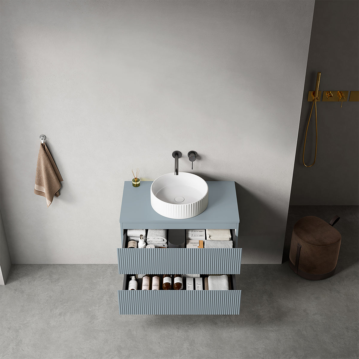 Mobile bagno sospeso cannettato 80 cm Blu Avio per Lavabo d'appoggio Senza Specchio - Fiji Paint Top Canneté