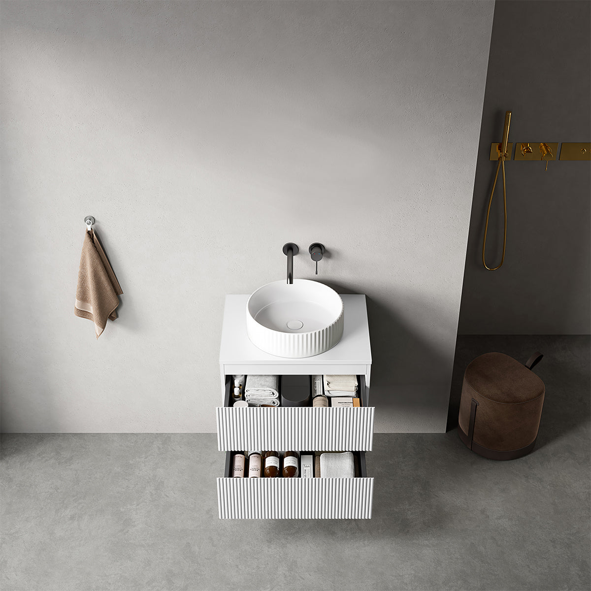 Mobile bagno sospeso cannettato 60 cm Bianco Opaco per Lavabo d'appoggio Senza Specchio - Fiji Paint Top Canneté