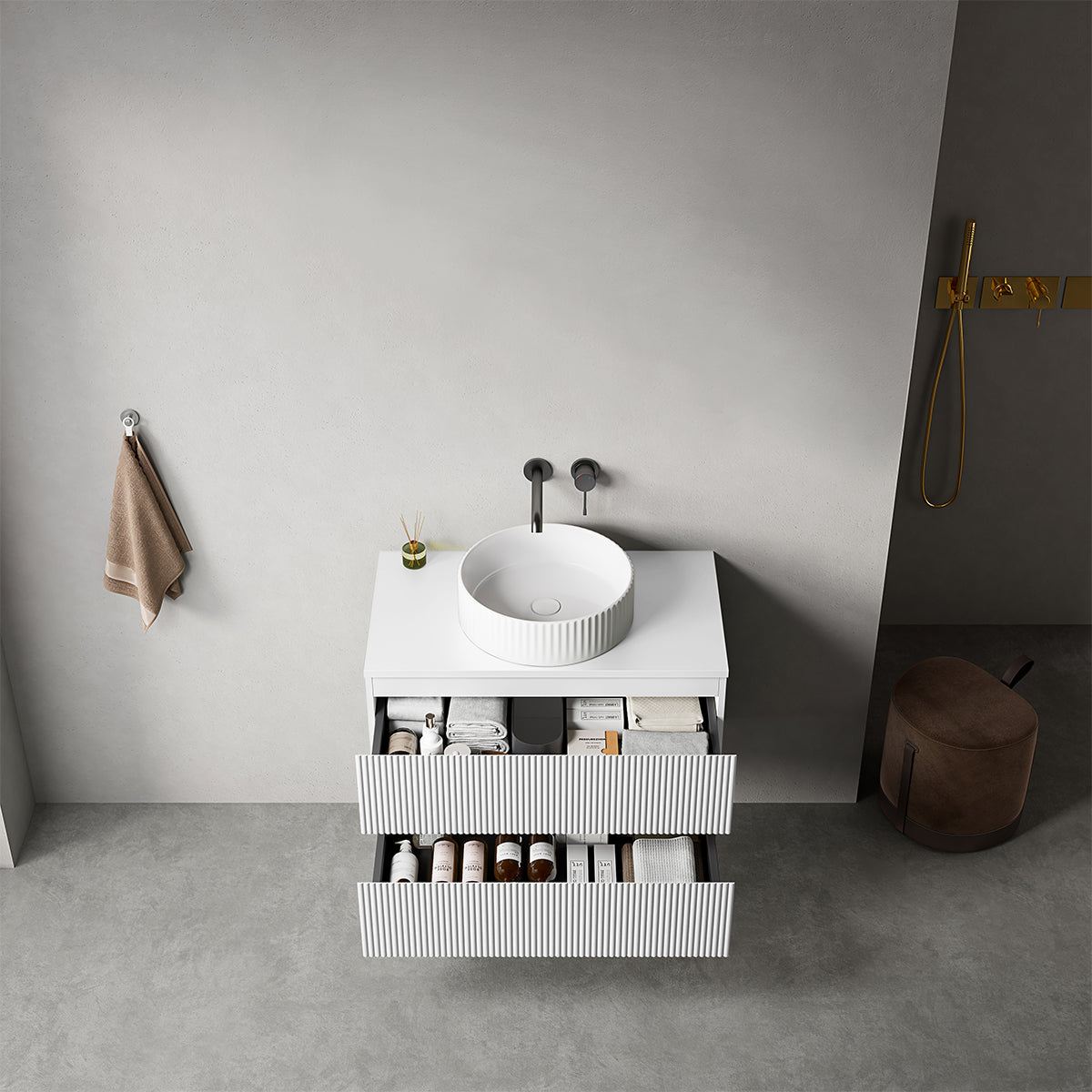 Mobile bagno sospeso cannettato 80 cm Bianco Opaco per Lavabo d'appoggio Senza Specchio - Fiji Paint Top Canneté