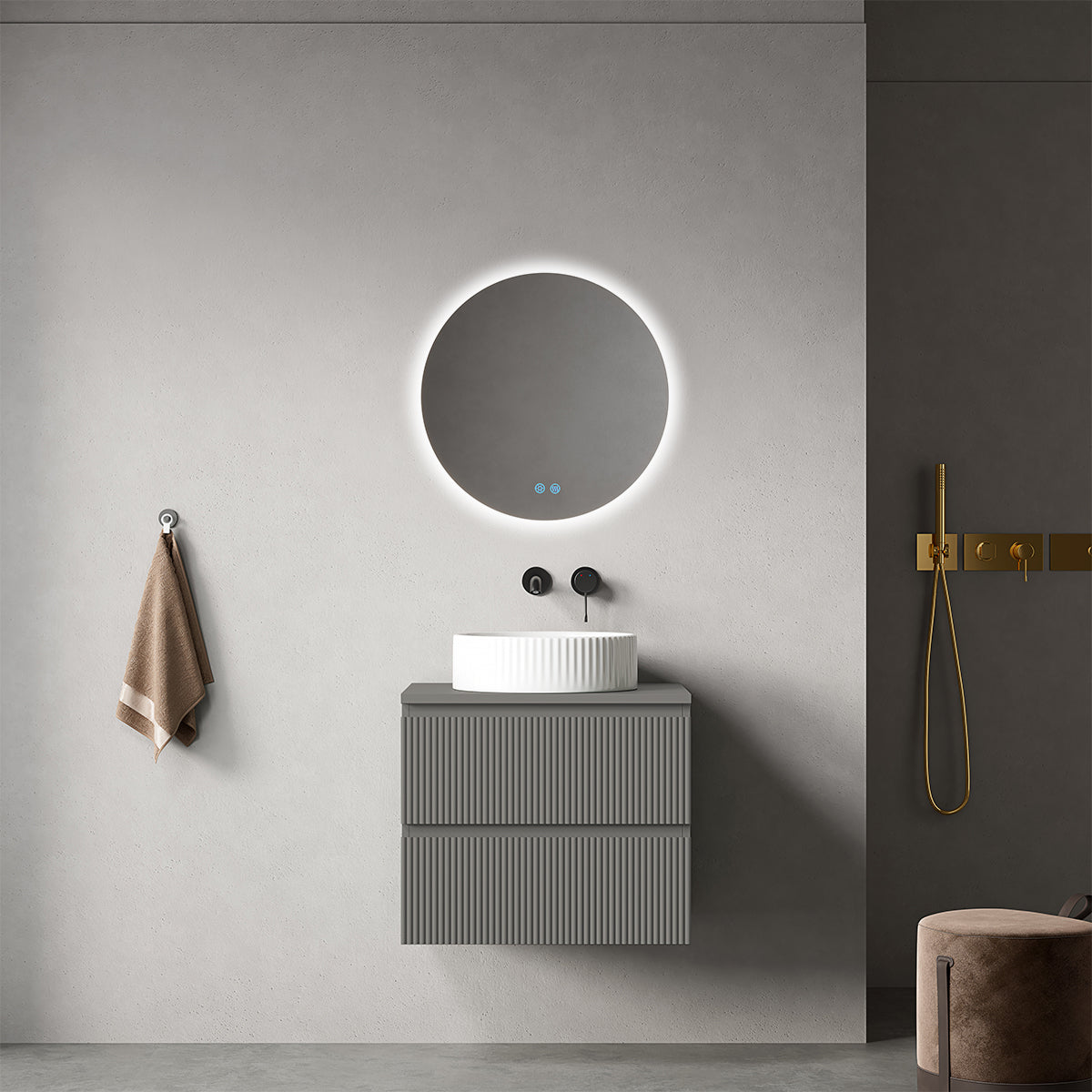 Mobile bagno sospeso cannettato 60 cm Grigio Londra per Lavabo d'appoggio Specchio Tondo Retroilluminato - Fiji Paint Top Canneté