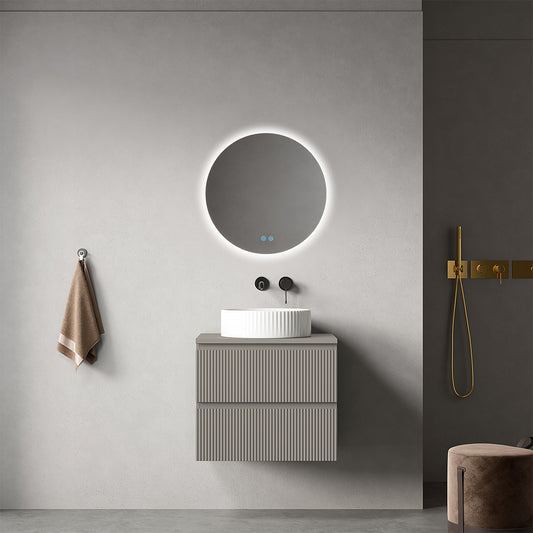 Mobile bagno sospeso cannettato 60 cm Grigio Cenere per Lavabo d'appoggio Specchio Tondo Retroilluminato - Fiji Paint Top Canneté