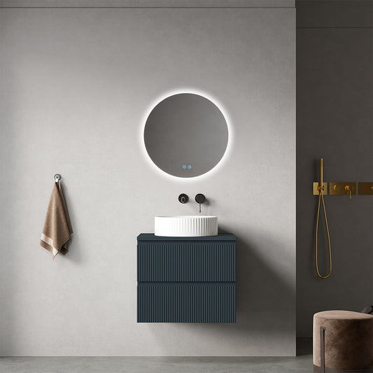 Mobile bagno sospeso cannettato 60 cm Blu Mare per Lavabo d'appoggio Specchio Tondo Retroilluminato - Fiji Paint Top Canneté
