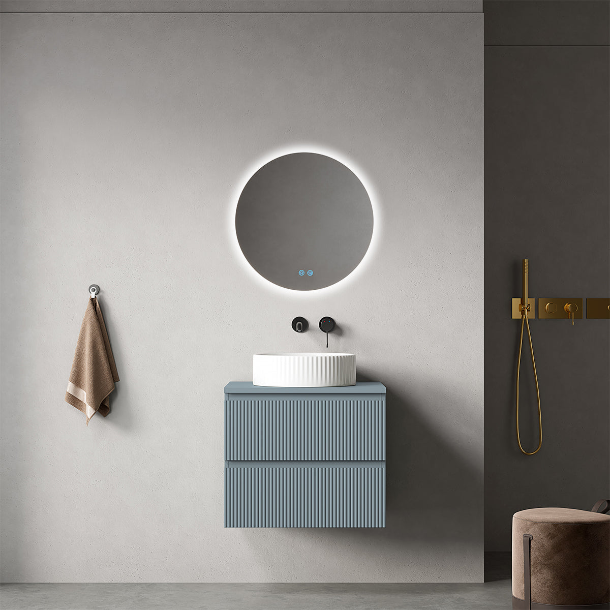 Mobile bagno sospeso cannettato 60 cm Blu Avio per Lavabo d'appoggio Specchio Tondo Retroilluminato - Fiji Paint Top Canneté