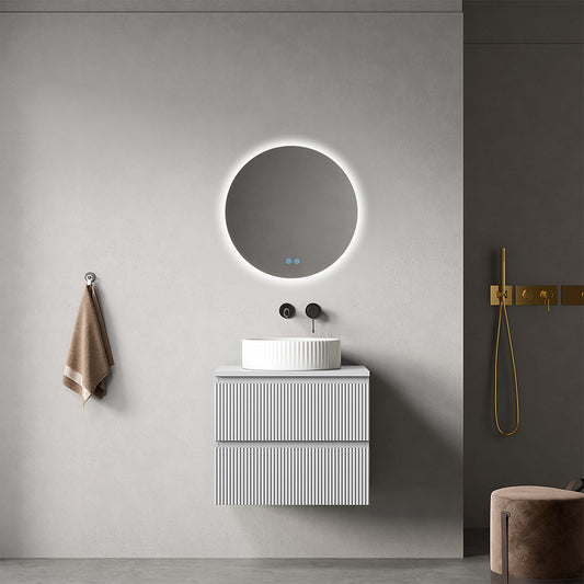 Mobile bagno sospeso cannettato 60 cm Bianco Opaco per Lavabo d'appoggio Specchio Tondo Retroilluminato - Fiji Paint Top Canneté