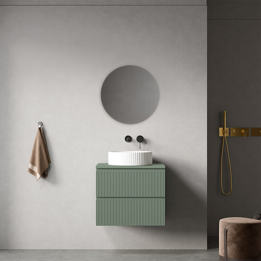 Mobile bagno sospeso cannettato 60 cm Verde Salvia per Lavabo d'appoggio Specchio Tondo - Fiji Paint Top Canneté