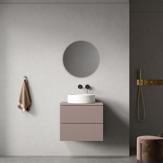 Mobile bagno sospeso cannettato 60 cm Rosa Retrò per Lavabo d'appoggio Specchio Tondo - Fiji Paint Top Canneté