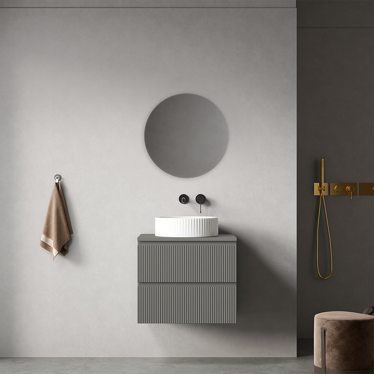 Mobile bagno sospeso cannettato 60 cm Grigio Londra per Lavabo d'appoggio Specchio Tondo - Fiji Paint Top Canneté