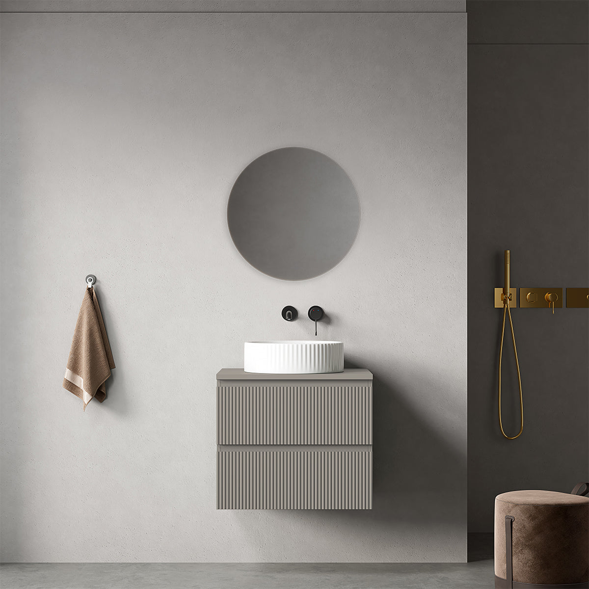 Mobile bagno sospeso cannettato 60 cm Grigio Cenere per Lavabo d'appoggio Specchio Tondo - Fiji Paint Top Canneté