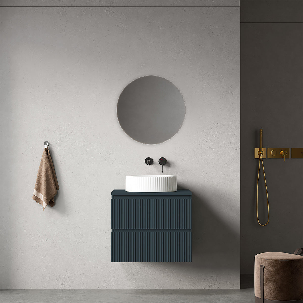 Mobile bagno sospeso cannettato 60 cm Blu Mare per Lavabo d'appoggio Specchio Tondo - Fiji Paint Top Canneté