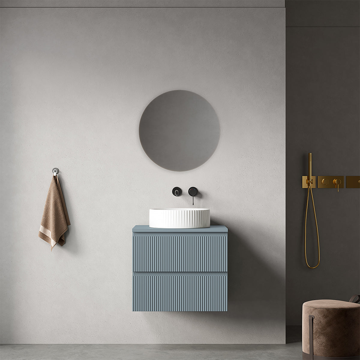 Mobile bagno sospeso cannettato 60 cm Blu Avio per Lavabo d'appoggio Specchio Tondo - Fiji Paint Top Canneté