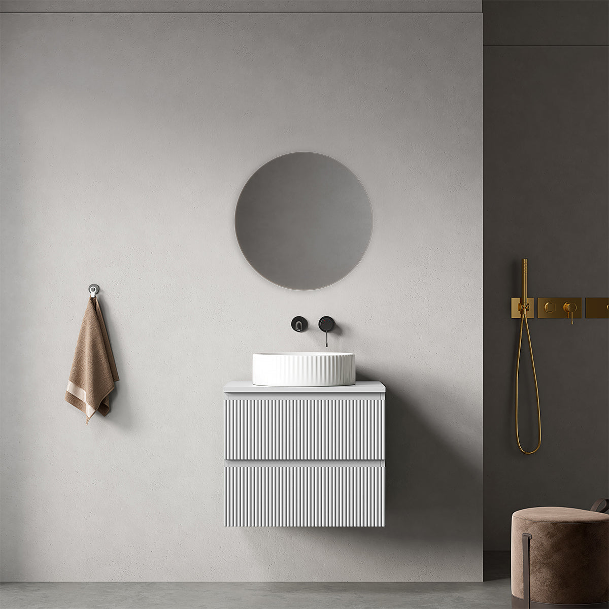 Mobile bagno sospeso cannettato 60 cm Bianco Opaco per Lavabo d'appoggio Specchio Tondo - Fiji Paint Top Canneté