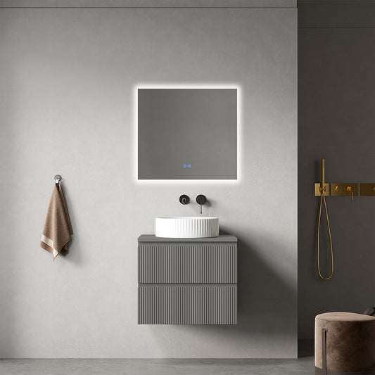 Mobile bagno sospeso cannettato 60 cm Grigio Londra per Lavabo d'appoggio Specchio Quadro Retroilluminato - Fiji Paint Top Canneté