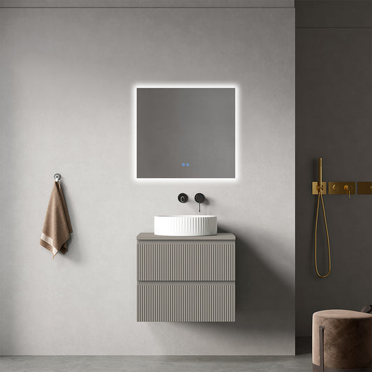 Mobile bagno sospeso cannettato 60 cm Grigio Cenere per Lavabo d'appoggio Specchio Quadro Retroilluminato - Fiji Paint Top Canneté