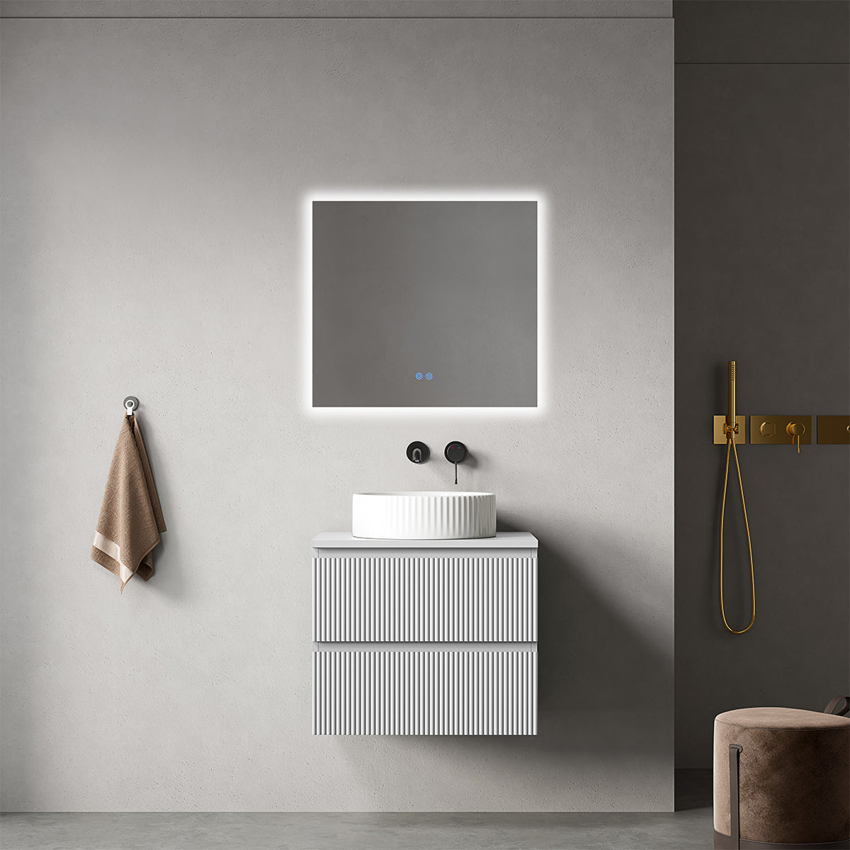 Mobile bagno sospeso cannettato 60 cm Bianco Opaco per Lavabo d'appoggio Specchio Quadro Retroilluminato - Fiji Paint Top Canneté