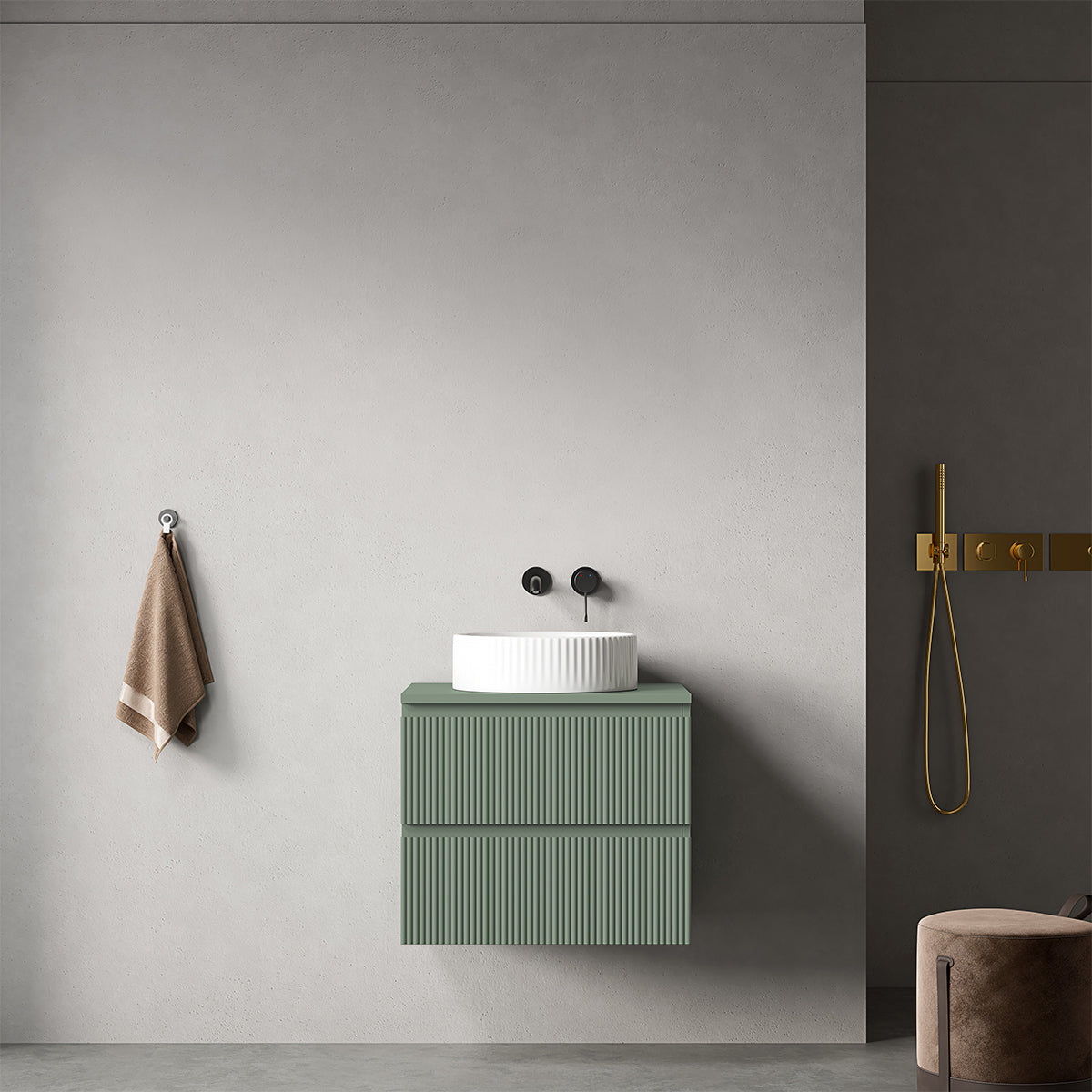 Mobile bagno sospeso cannettato 60 cm Verde Salvia per Lavabo d'appoggio Senza Specchio - Fiji Paint Top Canneté