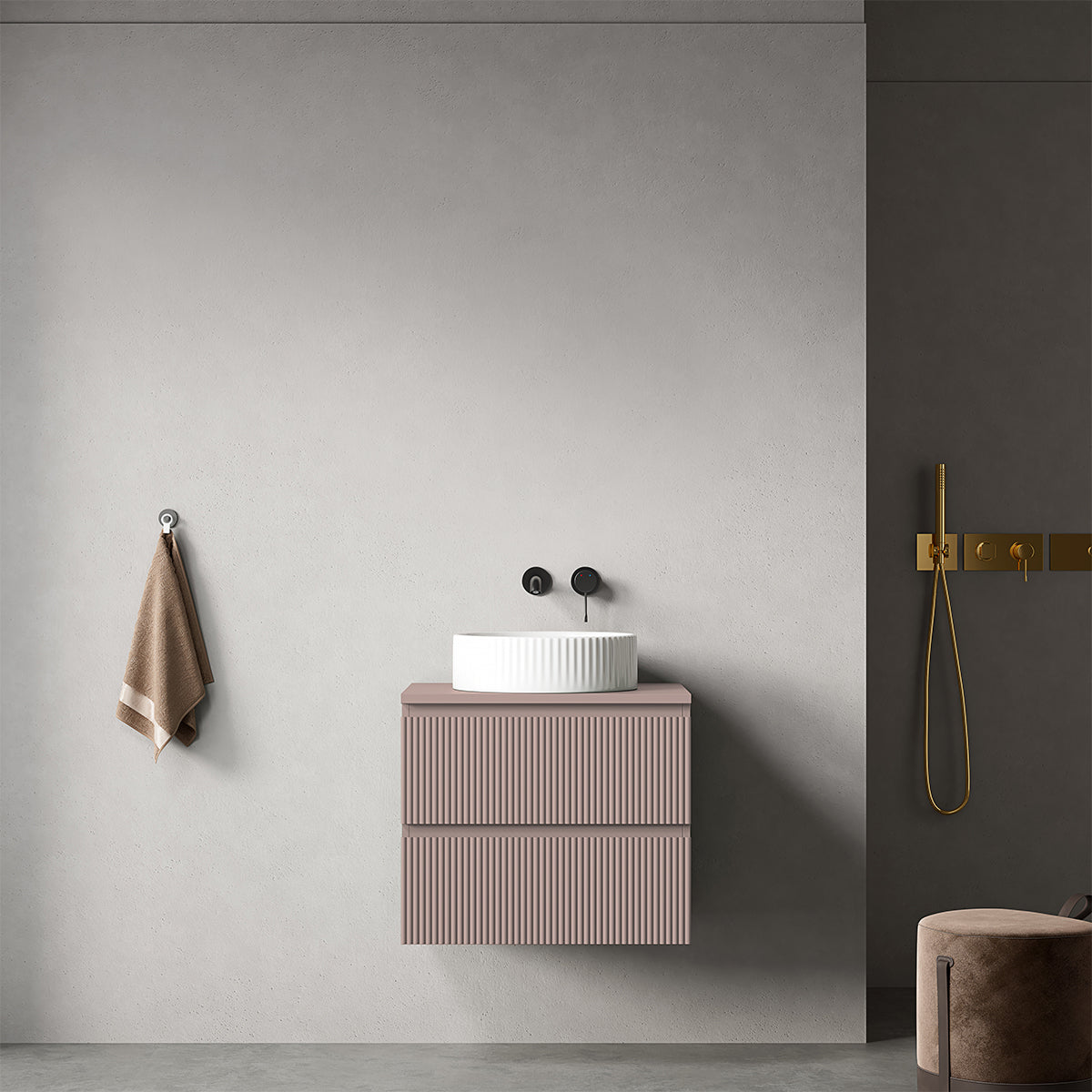 Mobile bagno sospeso cannettato 60 cm Rosa Retrò per Lavabo d'appoggio Senza Specchio - Fiji Paint Top Canneté